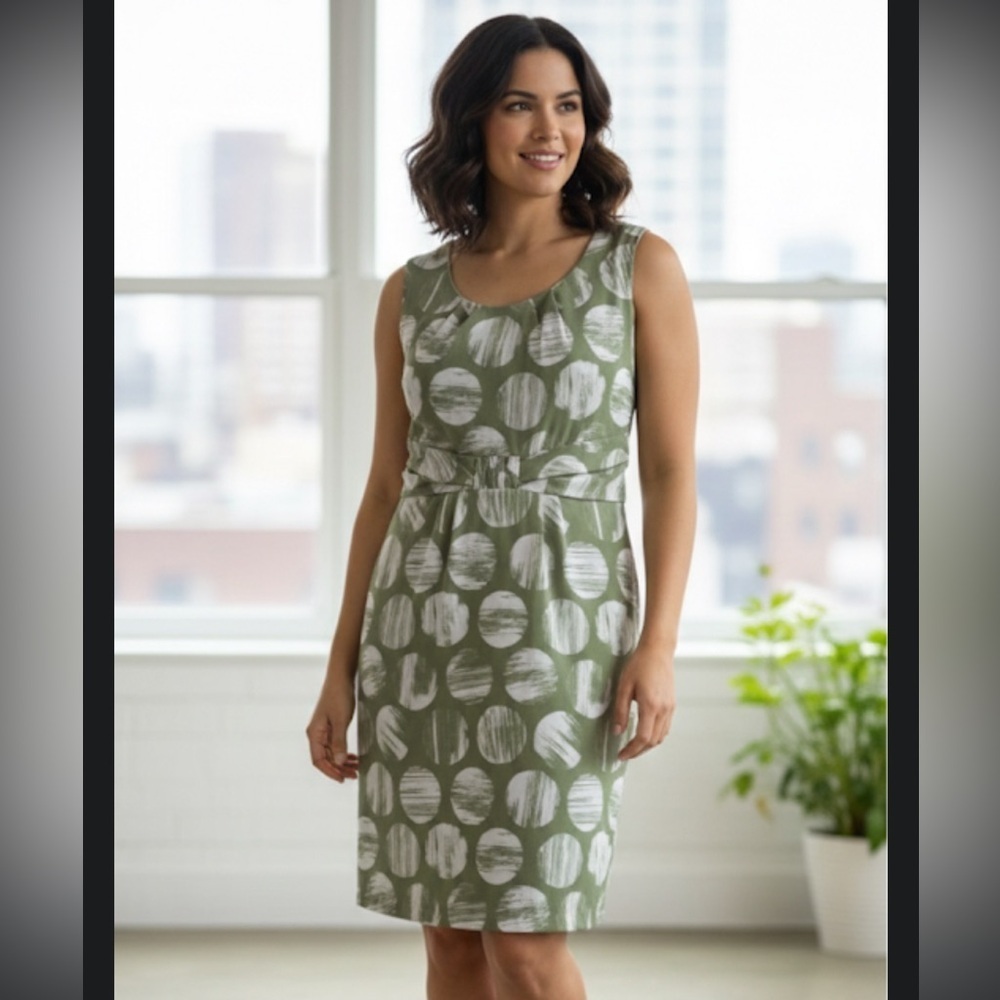 George Sage Green & White Brushstroke Polka Dot Sheath Dress - Size 14